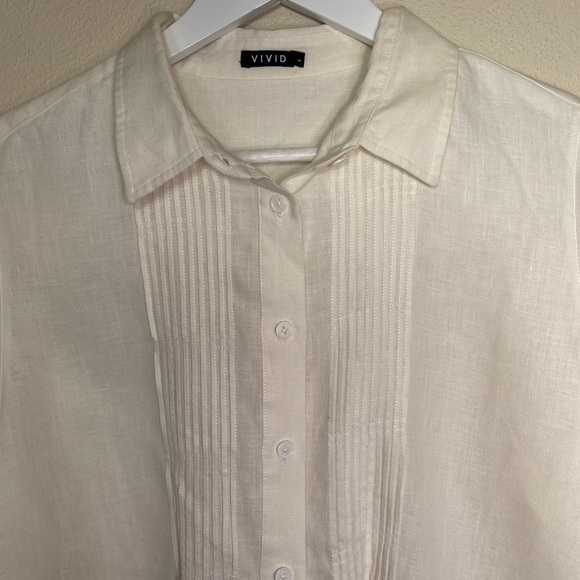 Vivid Linen Pleated Button Up Blouse With Roll Tab Sleeves Size Large - Picture 3 of 16